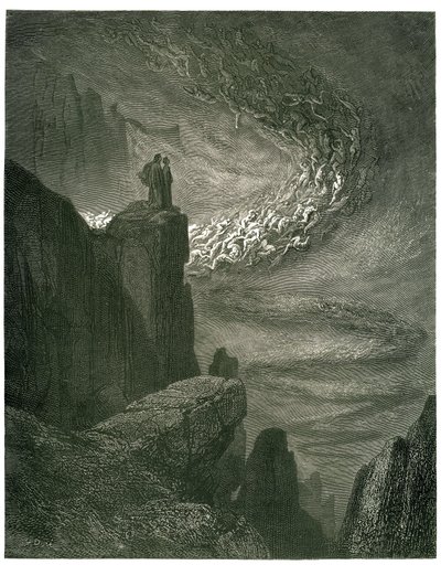 Peklo Dante Alighieri (Božská komedie) ilustrované Gustavem Dorem. Francouzské vydání z roku 1861. „Pekelná bouře, která nikdy nezůstane/Zanechá duchy svou loupeží. (Pekelný hurikán, který se nikdy nezastaví, vtahuje duchy do svého víru)“, od Gustave Dore