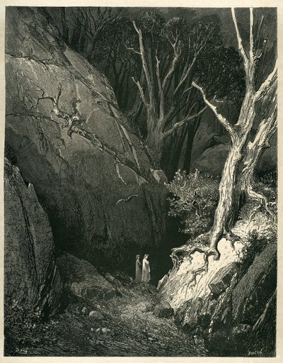 Peklo Danta Alighieriho (Božská komedie) s ilustracemi Gustava Doreho. Francouzské vydání z roku 1861. "Allor si mosse, ed io gli tenni dietro. (Pak se rozjel a já za ním)", píseň 1 v. 136. od Gustave Dore