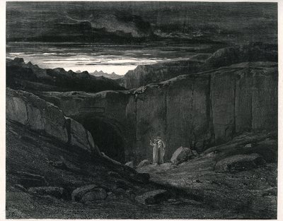 Peklo Danta Alighieriho (Božská komedie) s ilustracemi Gustava Dora. Francouzské vydání z roku 1861. Dante a Vergilius při vstupu do Pekla:" Lasciate ogni speranza, voi che 