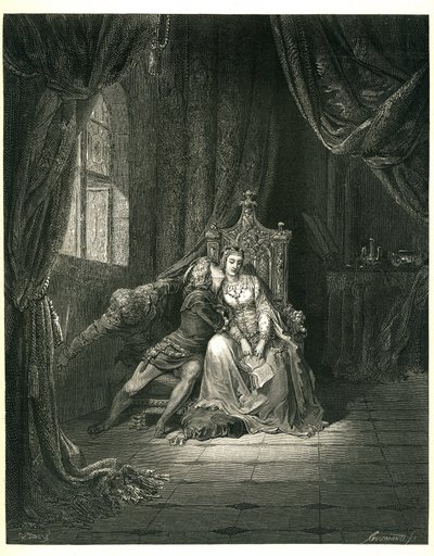 Peklo Danta Alighieriho (Božská komedie) s ilustracemi Gustava Doreho. Francouzské vydání z roku 1861. Francesca da Rimini a její milenec: "Quel giorno piu non vi leggemo avante. (Tento den nečteme dál)", zpěv 5. v. 138 od Gustave Dore
