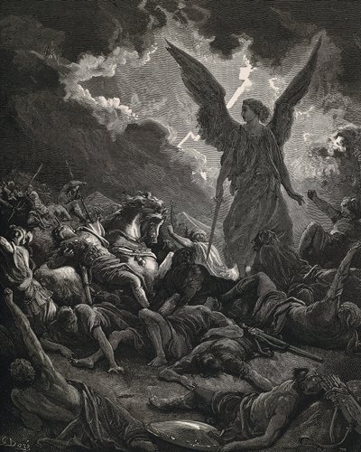 Bible svatá. 1866. SENNACHERIB (705-681 př. Kr.). Asyrský král (705-681 př. Kr.). Anděl Jahve z armády Senacheribovy. Rytina od Gustave Dore