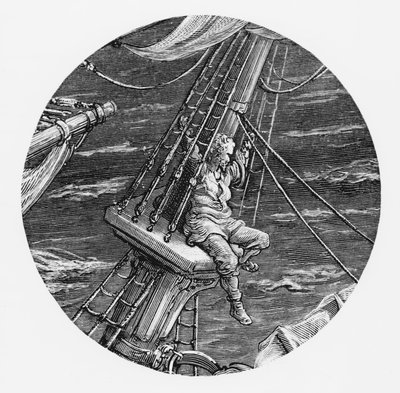 Námořník ve vzduchu v lejnu lodi, scéna z filmu The Rime of the Ancient Mariner od S.T. Coleridge, vydal Harper und Brothers, New York, 1876 (dřevoryt) od Gustave Dore