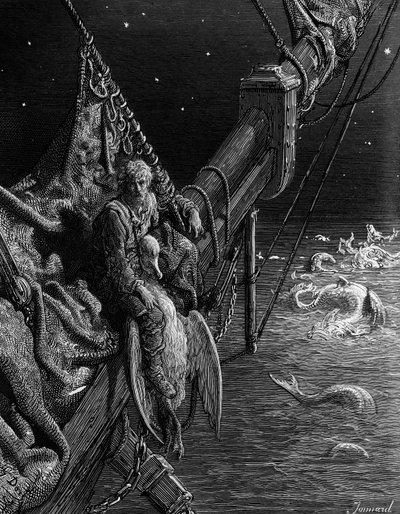 Námořník se dívá na hady v oceánu, scéna z filmu The Rime of the Ancient Mariner od S.T. Coleridge, vydal Harper und Brothers, New York, 1876 (dřevoryt) od Gustave Dore