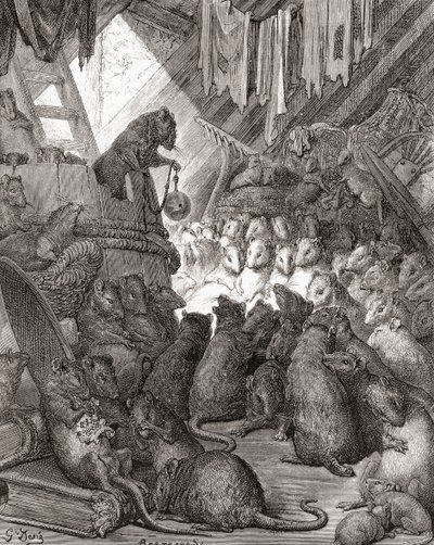 The Mice in Council, známé také pod názvy „Belling the Cat“ a „The Bell and the Cat“, z vydání „Fables de La Fontaine“ z konce 19. století (dřevoryt) od Gustave Dore
