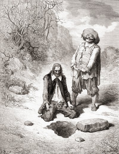 Lakomec, který ztratil poklad, z vydání Fables de La Fontaine z konce 19. století (dřevorytina) od Gustave Dore