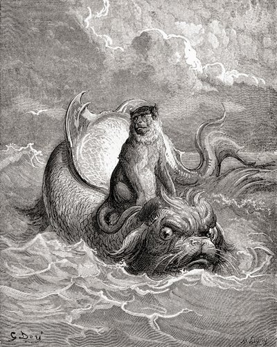 Opice a delfín podle díla Gustava Doreho pro pohádku La Fontaine. Z knihy Život a vzpomínky Gustava Doreho, vydané roku 1885. od Gustave Dore