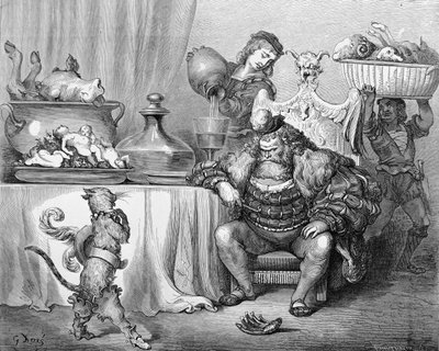 Zlobr přijímá kočku, ilustrace k filmu Kocour v botách, Charles Perrault (1628-1703) 1883 od Gustave Dore
