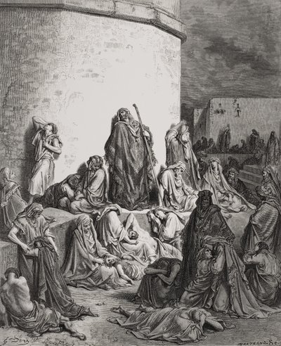 Lidé truchlí nad ruinami Jeruzaléma, ilustrace Pláč 1:1-2 z Doreovy „Svaté bible“, vyryl A. Bertrand 1866 od Gustave Dore