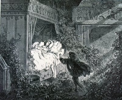 Princ přichází do princezniny ložnice na začarovaném zámku, ilustrace k „Šípkové Růžence“ od Charlese Perraulta (1628-1703) od Gustave Dore