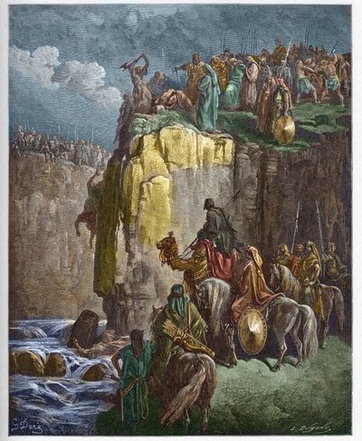 Zabití proroků Baalových – Prorok Eliáš dělá z Perira kněze Baala – rytina v „“The Bible illustree““ od Gustava Dore (1832-1883) – rytina z „“The Dore Bible““ od Gustave Dore
