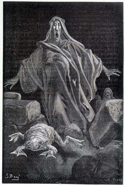 Alarm křičel - ilustrace strachu od Gustava Doré, rytina od Gustave Dore