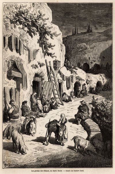 Jeskyně (podzemní domy) cikánů, v Sacro Monte, v Granadě. Kresba Gustava Dorea (1832-1883) k ilustraci jeho cesty do Španělska v roce 1862 v doprovodu Ch.Davilliera. Rytina v „“Le tour du monde““, editoval Edouard Charton od Gustave Dore
