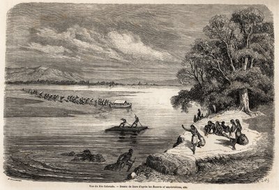Přeplavení řeky Colorado na voru, doprovázené některými indiány Mohaves, kresba Gustave Dore (1832-1883), pro ilustraci plavby Mississippi do Tichého oceánu v letech 1853-54 Baudouinem Mollhausenem (1825-1905). Rytina „“ Le tour du od Gustave Dore