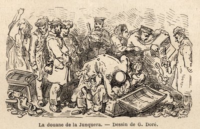 Zvyky junquery (město ležící mezi Katalánskem a provincií Gerona), kresba Gustava Dorea (1832-1883), pro ilustraci jeho cesty do Španělska s C. Davillierem v roce 1862. Rytina „“ Le tour du monde “”, editoval Edouard Charton od Gustave Dore