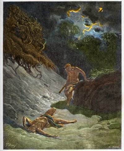 Smrt Ábela – Vražda Ábela Kainem – rytina v „The Bible illustree“ od Gustava Dore (1832-1883) – rytina z „“ The Dore Bible““ od Gustave Dore