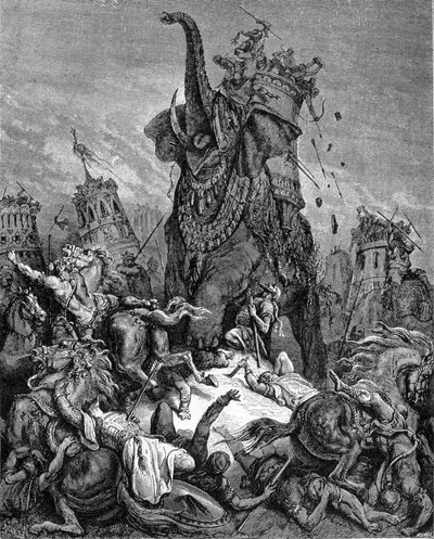 Smrt Eleazara Macchabeeho (Maccabee nebo Macabee), mladého bratra Judy Makabejského, pod vládou Antiocha IV Epiphana (175-164 př.nl). Je rozdrcen slonem. „Bible“, kterou ilustroval Gustave Dore. Rytina 19. století. od Gustave Dore