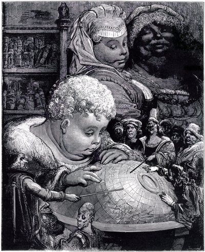 Vzdělávání Gargantua: obr, dítě, studuje zeměkouli se svými učiteli, pod očima svých rodičů od Gustave Dore