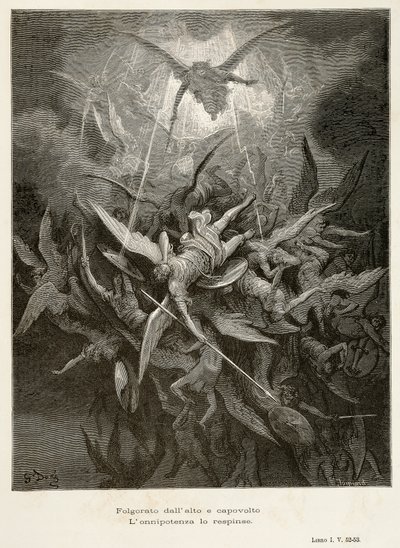 Pád andělů, scéna ze Ztraceného ráje od Johna Miltona (1608-1674), ilustrace Gustave Dore