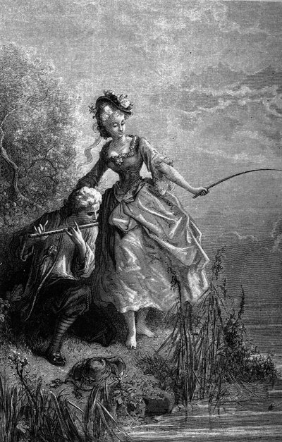 Ryba a pastýř hrající na flétnu. Zvuk flétny slouží jako návnada. Bajky Jean de La Fontaine (1621-1695). Ilustrace Gustave Dore. od Gustave Dore