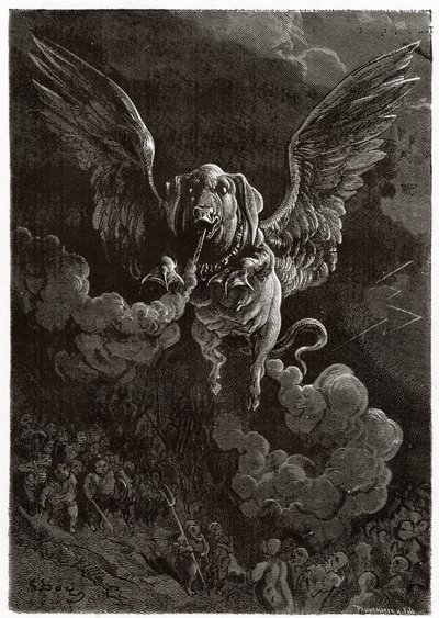 Létající prase zanechávající plynnou stopu způsobenou svými plyny od Gustave Dore