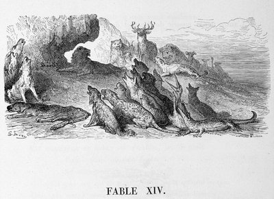 Pohřeb lvice - v “”Bajkách”” de La Fontaine, nemocný. od Doré od Gustave Dore