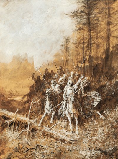 Pochod rytířů, ilustrace k sérii básní, Idyly krále od Alberta Tennysona (1809-1892), akvarel od Gustava Dore