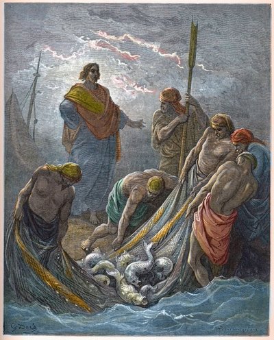 Zázračný návrh ryb - Miraculous Fishing - - Rytina v „The Bible illustree“ od Gustava Dore (1832-1883) - Rytina z „“ The Dore Bible““ od Gustave Dore