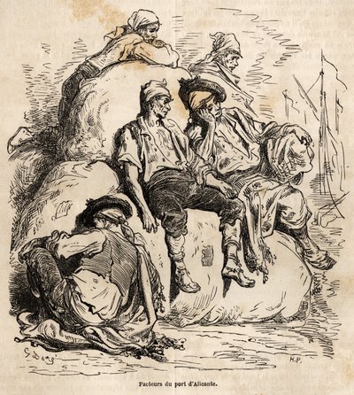 Zdřímnutí lodí přístavu Alicante, náčrt vytvořený na živém Gustave Dore (1832-1883), aby ilustroval jeho cestu do Španělska v roce 1862 s Ch. Davillier. Rytina v „“Le tour du monde““, editoval Edouard Charton od Gustave Dore