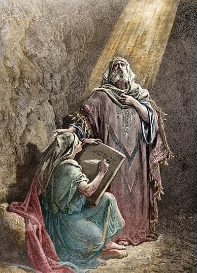 Prorok Jeremie diktující svá proroctví Baruchovi - Kolorisejská rytina od Pannemackera, z Bible Gustava Dorea (1832-1883) - Jeremiáš (650-585 př.nl), hebrejský prorok. Jeremiáš diktuje svá proroctví Báruchovi. Rytina od Pannemaker, The Bibl od Gustave Dore