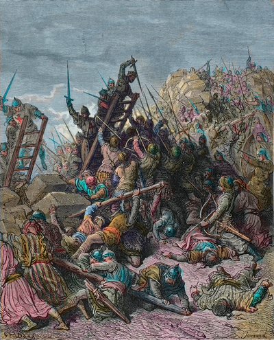 Obléhání Ptolemaidy během třetí křížové výpravy 1189 - rytina Gustava Dore z Historie křížových výprav od Josepha-Francoise Michauda - Le obležení Saint Jean d