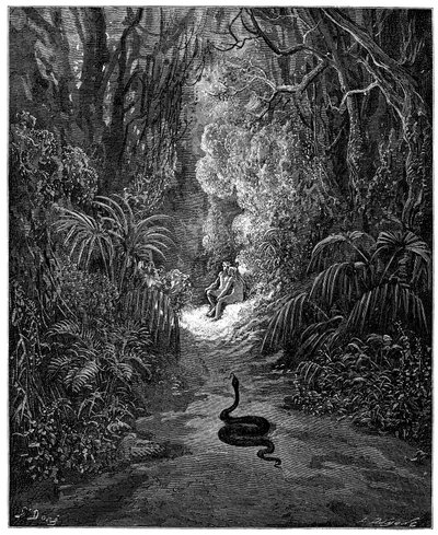Had míří k Adamovi a Evě. Ilustrace Gustava Doreho ke knize "Ztracený ráj" od Johna Miltona (1608-1674). Rytina z roku 1866. Soukromá sbírka od Gustave Dore