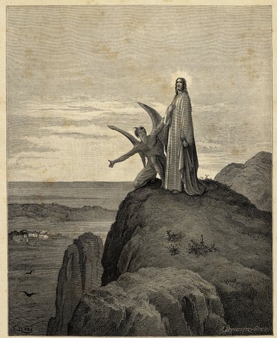 "Pokušení Krista" Ježíš je veden na poušť a pokoušen ďáblem. Ilustrace Gustava Doreho (1832-1883) pro Bibli. 1866 od Gustave Dore