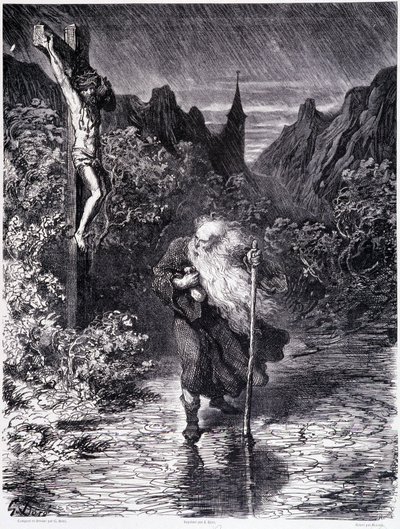 Potulný Žid procházející poblíž Kalvárie - v „Legendě o potulném Židovi“ od Gustava Doré, knihkupectví malebného obchodu od Gustave Dore
