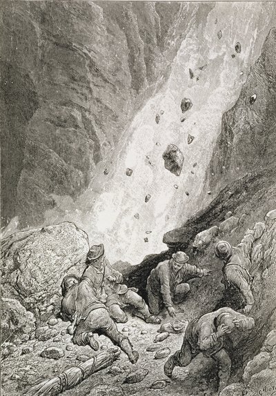 „Viděli masy skal, balvanů a kamenů, šíp za roh“ z „Výstupu na Matterhorn“ od Edwarda Whympera (1840–1911), vydaného v 60.–80. od Gustave Dore