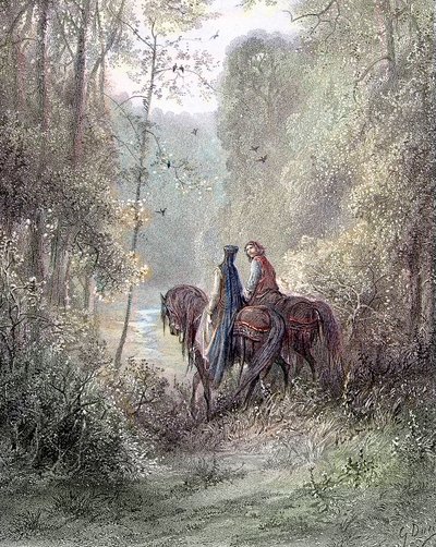 Ztratili se pod háji, které se zdály být rájem květin (Guenièvre a Lancelot) - v „“Guenièvre““ od Alfreda Tennysona, nemocného. od Gustava Doré Paris, Librairie Hachette et Cie od Gustave Dore