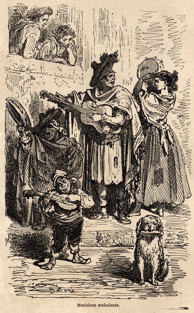 Cestující hudebníci ve Valencii, kresba Gustava Dorea (1832-1883), pro ilustraci jeho cesty do Španělska s C.Davillierem v roce 1862. Rytina v „“Le tour du monde“, editoval Edouard Charton od Gustave Dore