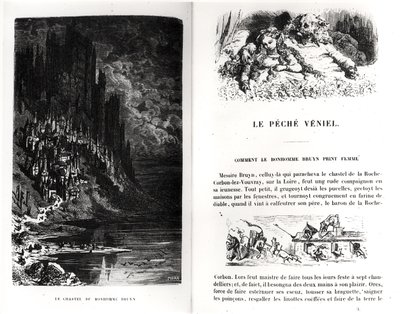Dvě ilustrované stránky z „Les Contes Drolatiques“ od Honore de Balzac (1799-1850) vyryté Heliodorem Josephem Pisanem (1822-90) od Gustave Dore