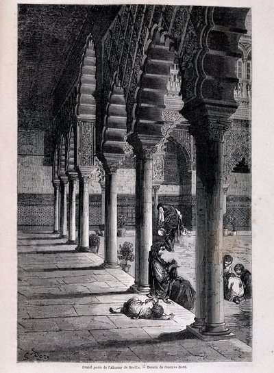 Pohled na velké nádvoří Alcazaru v Seville - od Doré, v „“ Tour du Monde“, 2. sem. 1866. od Gustave Dore
