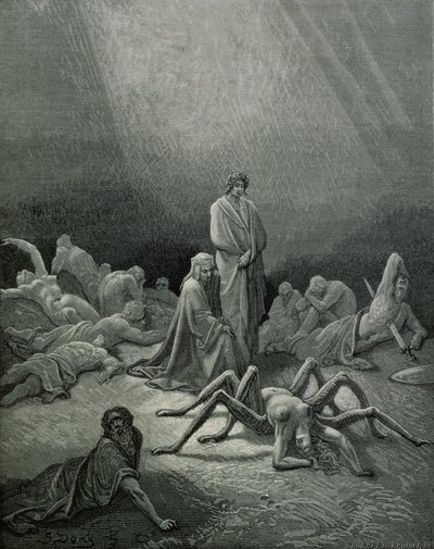 Vergilius (70-19 př. n. l.) a Dante při pohledu na pavoučí ženu, ilustrace z "Božské komedie" (Inferno) od Dante Alighieriho (1265-1321) Paříž, vydáno 1885 od Gustave Dore