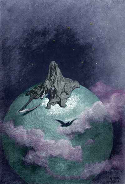 Vize smrti sedící na zeměkouli s jejím falešným. Ilustrace Gustave Dore od Gustave Dore
