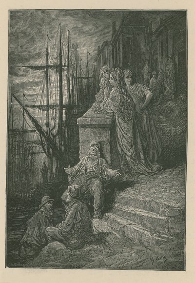 Vodníkova rodina na schodech u řeky Temže od Gustave Dore