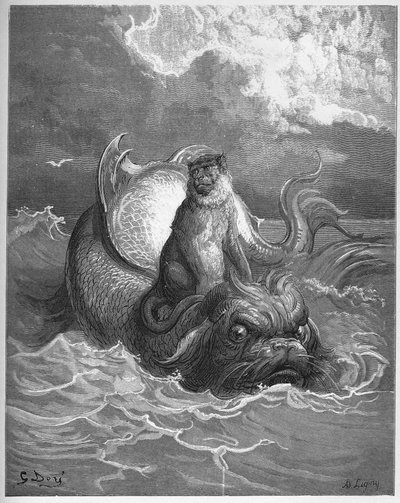 opice a delfín - z "Bajek" od Jean de La Fontaine od Gustave Dore