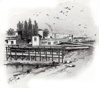 Opravárenské dílny vodních autobusů na řece Seině v Paříži Kresba Gustava Fraiponta (1849-1923) čerpá z „La seine a travers Paris“ od Saint-Judges od Gustave Fraipont