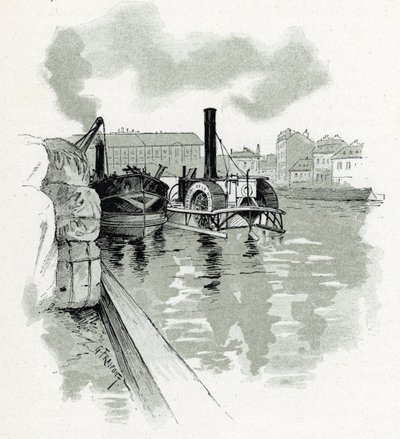 Kotvení lodí v přístavu La Villette, Paříž (Lodě v přístavu La Villette, Paříž) Kresba Gustava Fraiponta (1849-1923) čerpá z „La seine a travers Paris“ od Saint-Juirse od Gustave Fraipont