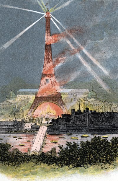 Eiffelova věž osvětlená během světové výstavy v Paříži 1889 Kresba Gustava Fraiponta (1849-1923) čerpá z „La seine a travers Paris“ od Saint-Juirse od Gustave Fraipont