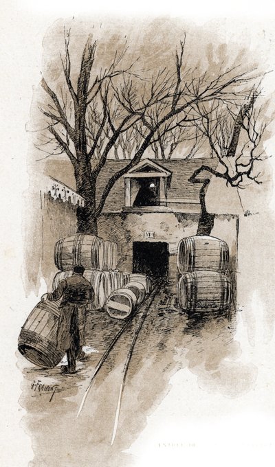 Vstup de Cellar do skladu Bercy v Paříži (vstup ke sklepům Bercyho skladu, Paříž) Kreslení Gustave Fraipont (1849-1923) čerpá z „La Seine A přes Paříž“ od Saint-Juirs od Gustave Fraipont