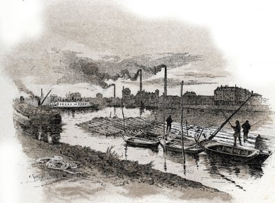 Ivry sur Seine, dřevěné vláčky (Splavování dřeva na řece Seině, Ivry-sur-Seine) Kresba Gustava Fraiponta (1849-1923) čerpá z „La seine a travers Paris“ od Saint-Juirse od Gustave Fraipont