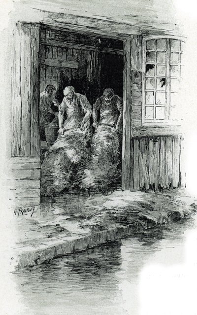 Megissiers de la rue des gobelins v Paříži (Sluhové zpracovávající kůže a zvířecí kůže v rue des Gobelins, Paříž) Kresba Gustava Frainponta (1849-1923) čerpá z „La seine a travers Paris“ od Saint-Juirse od Gustave Fraipont