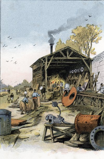 Opravy lodí v kovárně Point du Jour u Boulogne-Billancourt (Opravy lodí a člunů v kovárně Point du jour u Boulogne Billancourt, Paříž) Kresba Gustava Fraiponta (1849-1923) čerpá z „La seine a travers Paris “ od S od Gustave Fraipont