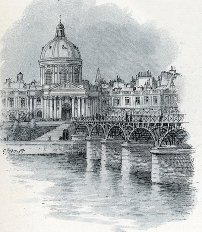 Pohled na Institut de France a most Pont des arts v Paříži Kresba Gustava Fraiponta (1849-1923) ze Saint-Juirsovy „La seine a travers Paris“ od Gustave Fraipont